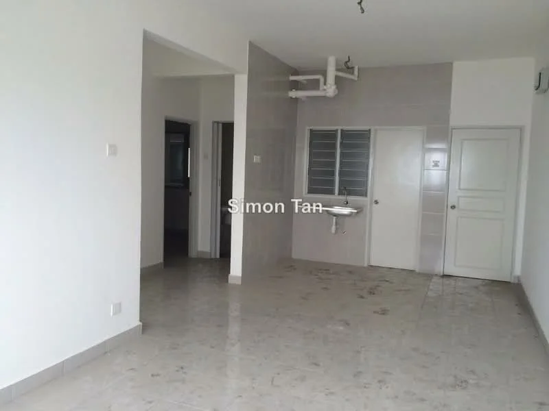 Room features: white painted walls, light grey tiled flooring, single-bowl sink, wall-mounted faucet, window with grille, door with panel design, exposed plumbing, ceiling light fixture; style: modern.