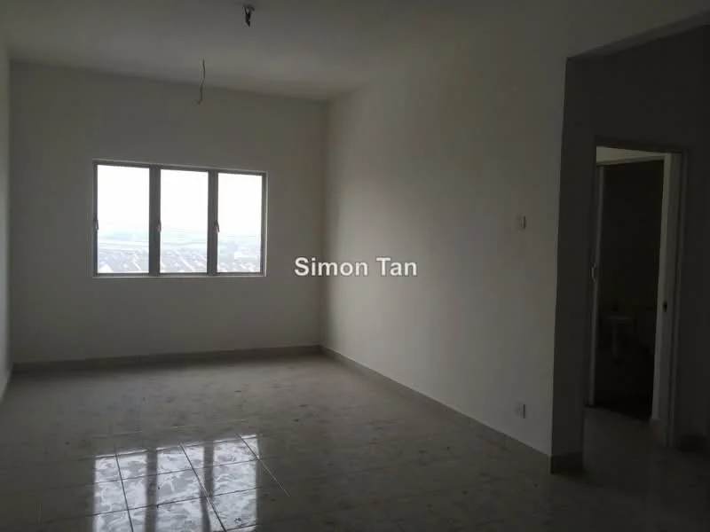 Room features: white painted walls, glossy ceramic tile flooring, floor-to-ceiling windows, natural light from windows, neutral color scheme, no visible furniture, plain ceiling, doorway leading to another room; style: modern; view: city.