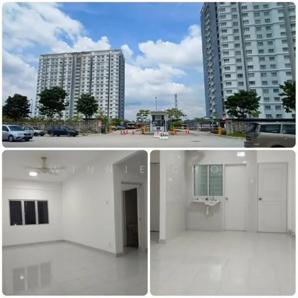 Exterior type: high-rise condominium; features: multiple-storey building, glass curtain wall, surrounded by greenery, parking area, security guard house at entrance, manicured landscaping; style: modern.