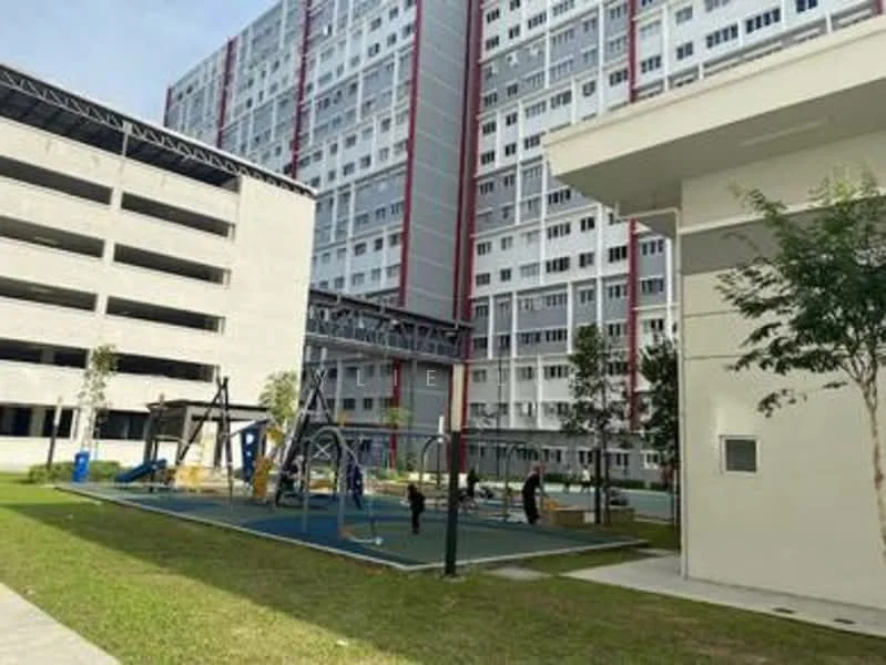 Exterior type: mid-rise condominium; features: playground area with swings and slides, manicured lawn, multi-storey car park, residential building with multiple windows, landscaped garden, concrete pathways, outdoor seating area; style: modern.