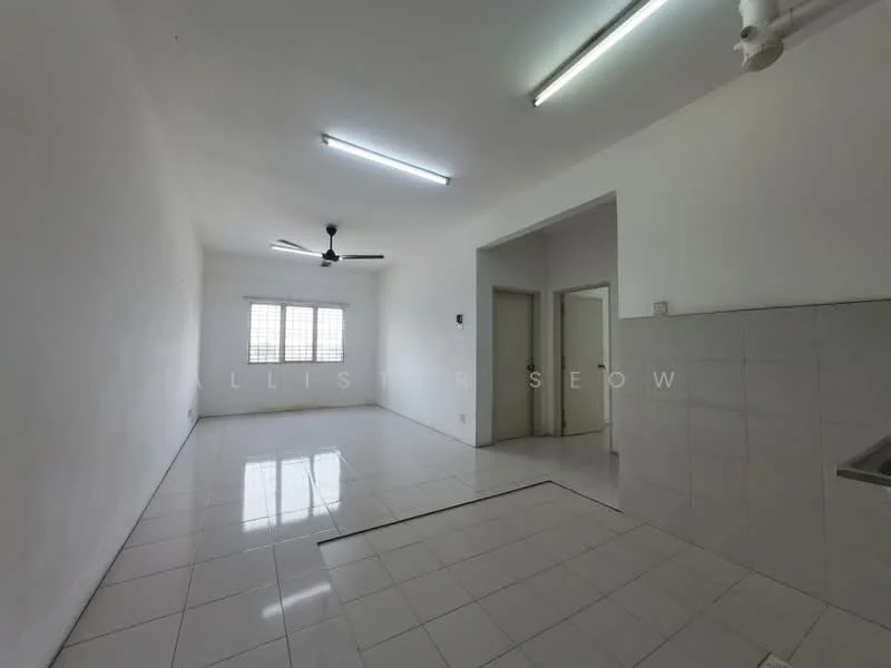 Room features: white painted walls, glossy white tile flooring, ceiling with fluorescent lighting, 1 ceiling fan, window with grid pattern, doorway leading to another room, kitchen area with tiled backsplash, open layout; style: minimalist.
