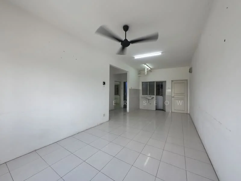 Room features: white painted walls, glossy white tile flooring, ceiling fan, fluorescent ceiling lights, window with grille, door leading to another room, empty space; style: minimalist.