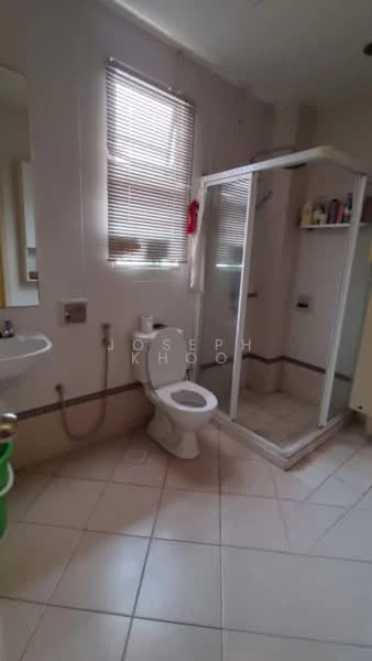 Bathroom features: white tiled walls, cream tiled flooring, single-sink vanity with mirror, toilet, walk-in shower with glass enclosure, shower head, towel rack, window with blinds.