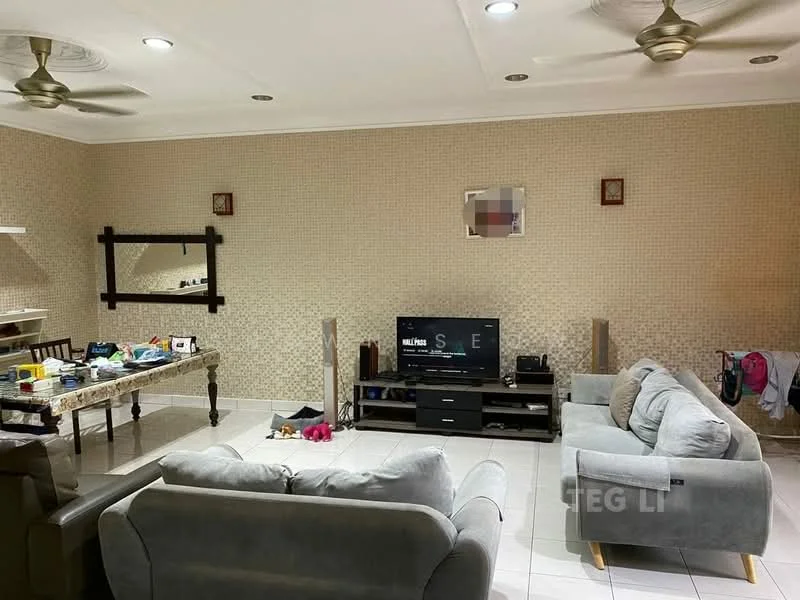 Living features: grey fabric 3-seater sofa, grey fabric 2-seater sofa, coffee table with marble top, wall-mounted TV, TV console, decorative mirror, ceiling fan with light, white painted walls, tile flooring, area rug, decorative wall art, shelves with miscellaneous items; style: contemporary.