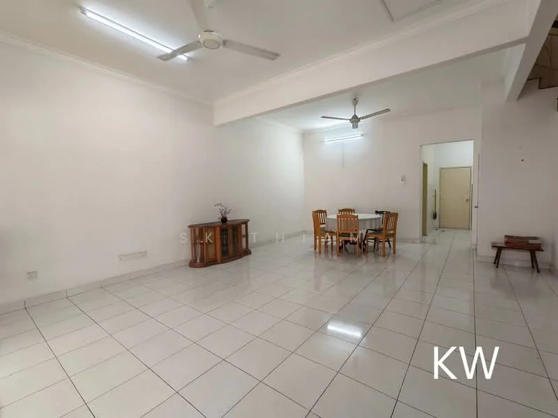Dining features: white painted walls, ceramic tile flooring, 5-blade ceiling fan, dining table with four chairs, wooden sideboard, neutral decor, natural light from adjacent room, open layout; style: modern. Room features: white painted walls, ceramic tile flooring, 5-blade ceiling fan, neutral decor, open layout.