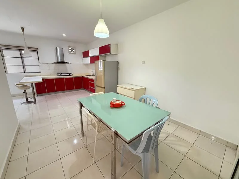 Dining features: glass dining table, 4 plastic chairs in light blue, white walls, tile flooring, pendant light fixture, kitchen area visible, stainless-steel fridge, red cabinetry, built-in oven, gas cooktop, kitchen island, window with blinds; style: modern.