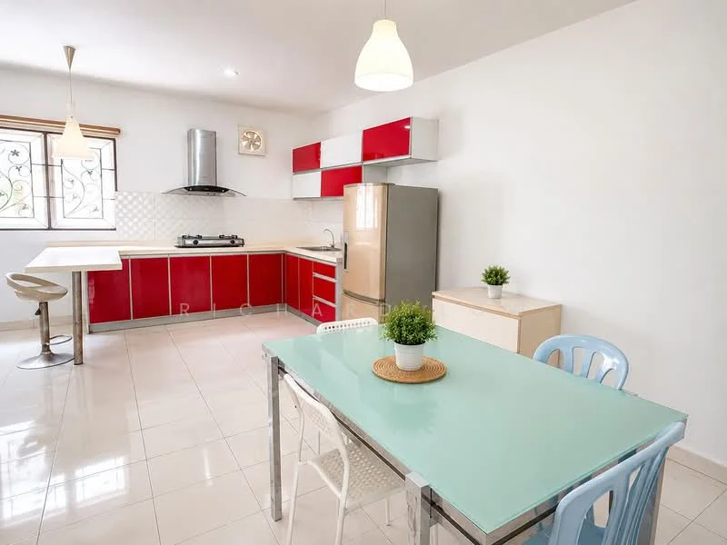 Kitchen features: red cabinetry, white tiled backsplash, stainless-steel gas hob, stainless-steel range hood, stainless-steel fridge, white countertop, single-bowl stainless-steel sink, pendant lighting, dining table with glass top, plastic dining chairs in blue, bar stool, window with decorative grille; style: modern.