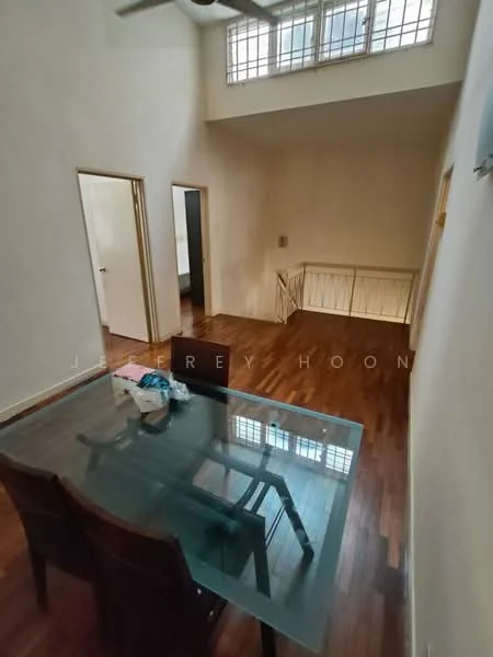 Dining features: glass dining table, 4 wooden dining chairs, wooden flooring, white painted walls, high ceiling, staircase leading to upper level, large windows with grid pattern, natural light; style: modern. Room features: white painted walls, wooden flooring, doorway leading to another room.