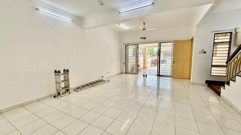 Living features: white painted walls, glossy white tile flooring, recessed downlights, 5-blade ceiling fan, sliding glass door, floor-to-ceiling windows, wooden staircase, open layout, natural light from windows, door leading outside; style: modern; view: garden.
