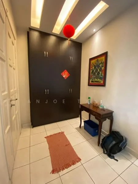 Room features: white painted walls, tile flooring, built-in wardrobe with dark wood finish, recessed ceiling lights, decorative red lantern, framed artwork on wall, small wooden table, area rug with geometric pattern, backpack on floor, blue storage box; style: modern.