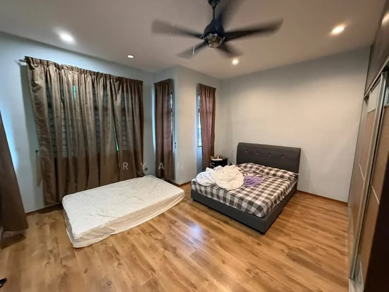 Bedroom features: queen-size bed with grey upholstered headboard, checkered bedding, white bed sheet on the floor, wooden flooring, two large windows with sheer curtains, ceiling fan with light, built-in wardrobe with sliding doors, decorative wall with light blue paint; style: modern.