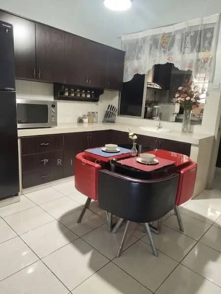 Kitchen features: dark wood cabinetry, white countertop, stainless-steel fridge, built-in microwave, ceramic tile flooring, kitchen sink, window with sheer curtains, kitchen utensils on display, decorative vase with flowers, round dining table with red and black chairs; style: modern.