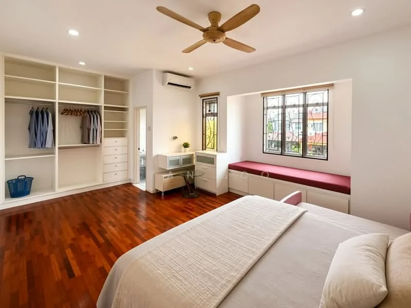 Bedroom features: wooden flooring, queen-size bed, upholstered headboard, built-in wardrobe with open shelving, built-in drawers, window seat with red cushion, floor-to-ceiling windows, 1 wall-mounted split AC, ceiling fan with light, decorative plant on window sill, sheer curtains; style: modern; view: garden.