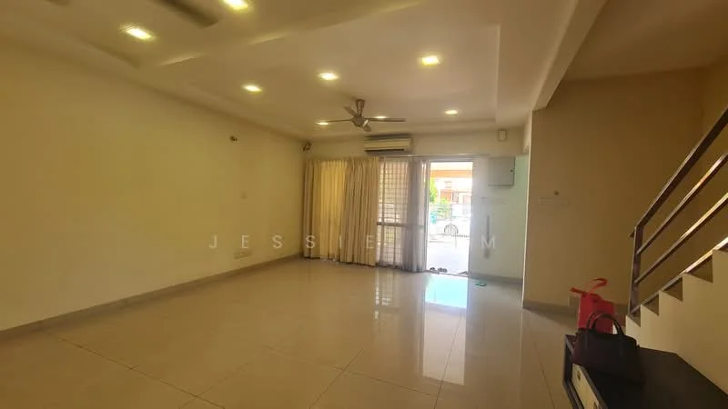 Living features: white painted walls, polished ceramic tile flooring, tray ceiling with recessed lighting, 5-blade ceiling fan, floor-to-ceiling sliding glass door, sheer curtains, air conditioning unit, open layout, natural light from exterior, decorative wall, corner for furniture placement; style: modern.