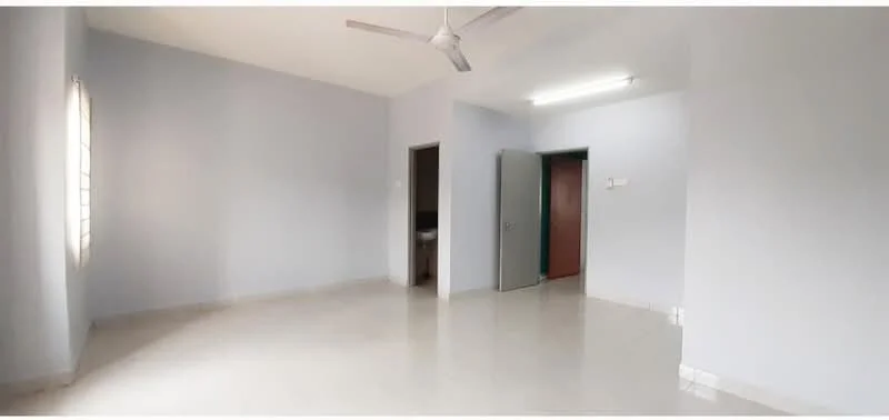 Room features: light grey painted walls, white ceiling, ceiling fan, floor tiles, window with horizontal slats, doorway leading to another room, doorway leading to bathroom, fluorescent lighting; style: minimalist.