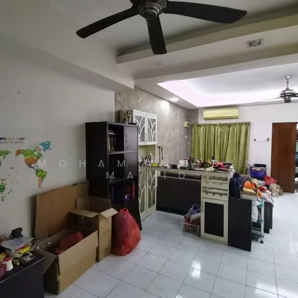 Living features: white painted walls, grey accent wall, white tiled flooring, 5-blade ceiling fan, recessed downlights, green curtains, open shelving unit, storage boxes, cardboard boxes, various bags and items scattered.