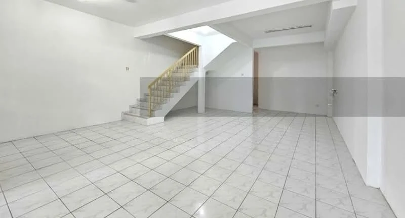 Room features: white painted walls, white tiled flooring, staircase with wooden railing, open layout, high ceiling, natural light from windows, no visible furniture, neutral color scheme; style: modern.