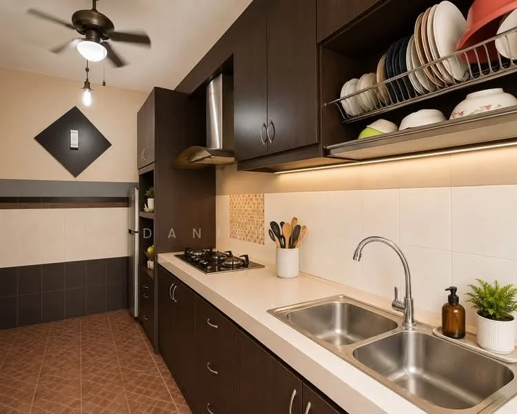 Kitchen features: dark wood cabinetry, white countertop, double-bowl stainless-steel sink, chrome pull-down faucet, 4-burner gas hob, built-in oven, stainless-steel range hood, refrigerator, wall-mounted fan, tile backsplash, open shelving with dishes, brown tile flooring, under-cabinet lighting; style: modern.