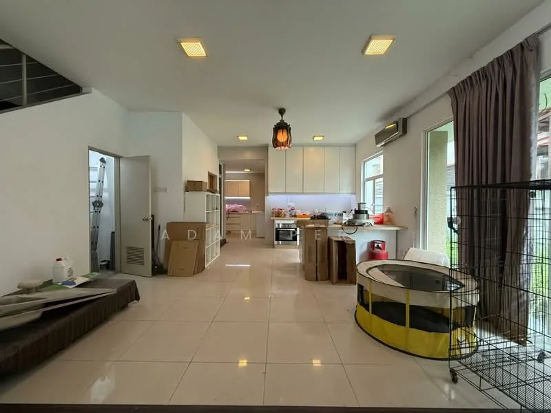 Living features: white painted walls, glossy tile flooring, recessed downlights, large windows with sheer curtains, open layout, kitchen area with white cabinetry, stainless-steel appliances, pendant light fixture, seating area with sofa, decorative wall with storage, cardboard boxes, pet enclosure; style: modern; view: garden.