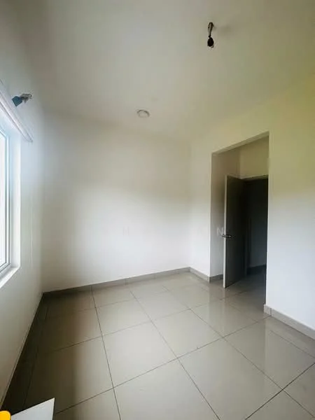 Room features: white painted walls, tile flooring, single window, ceiling light fixture, doorway, neutral color palette; style: minimalist.