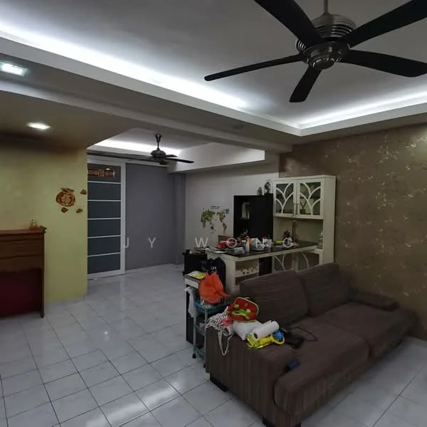 Living features: 3-seater fabric sofa in brown, ceiling fan with light, white tiled flooring, wall-mounted TV, entertainment unit, decorative wall with floral pattern, built-in cabinets, sliding glass door, recessed lighting, wall decor with map design, open shelving, coffee table; style: modern. Room features: white walls, grey accent wall, light fixtures.