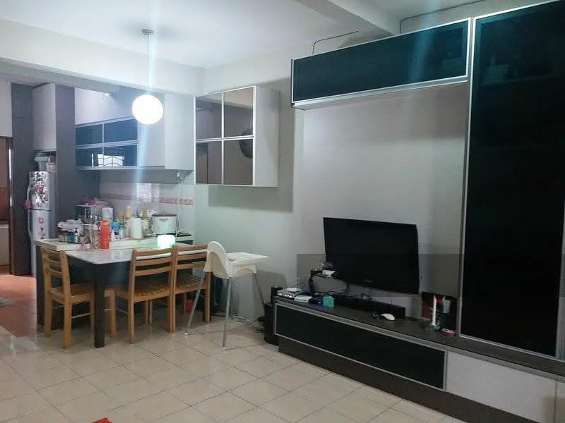 Living features: dining table with 4 chairs, white plastic dining chair, black TV console, wall-mounted TV, light fixture, open shelving, grey cabinetry, stainless-steel fridge, ceramic tile flooring, neutral wall colour, kitchen area with countertop, kitchen appliances on countertop; style: modern.