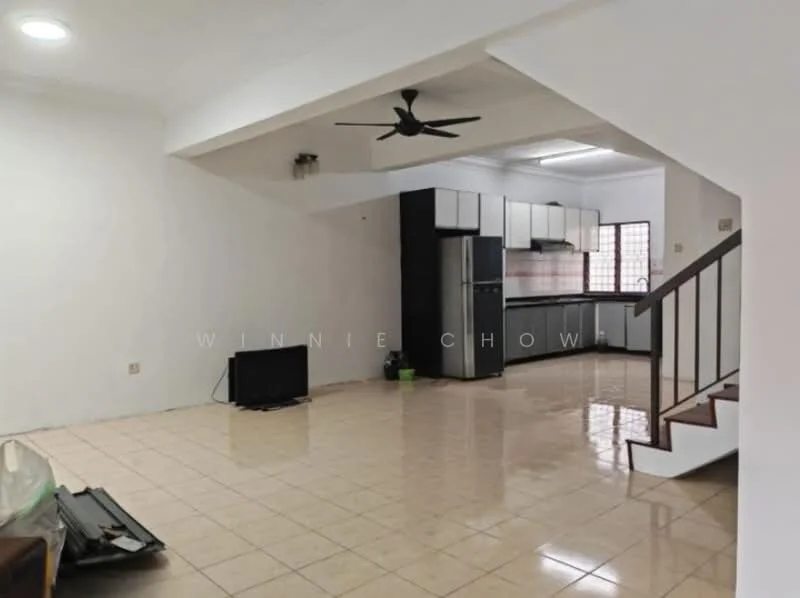Living features: cream tiled flooring, white painted walls, ceiling fan, large window, open layout, staircase, TV console, refrigerator, kitchen cabinetry, sink, countertop; style: modern.