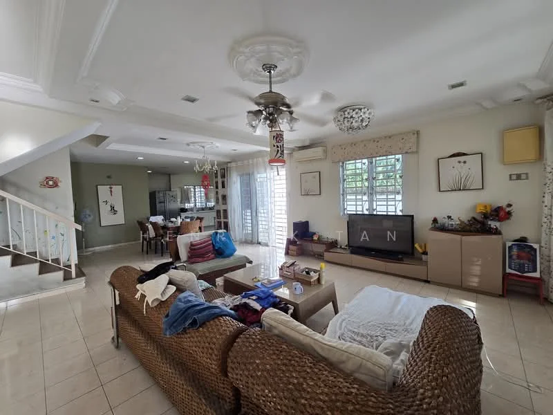 Living features: cream painted walls, white ceiling with crown moulding, 5-blade ceiling fan with light, large windows with sheer curtains, tile flooring, sofa with woven texture, coffee table, TV console with wall-mounted TV, decorative wall art, area rug, decorative items on shelves, dining area visible in background; style: contemporary.