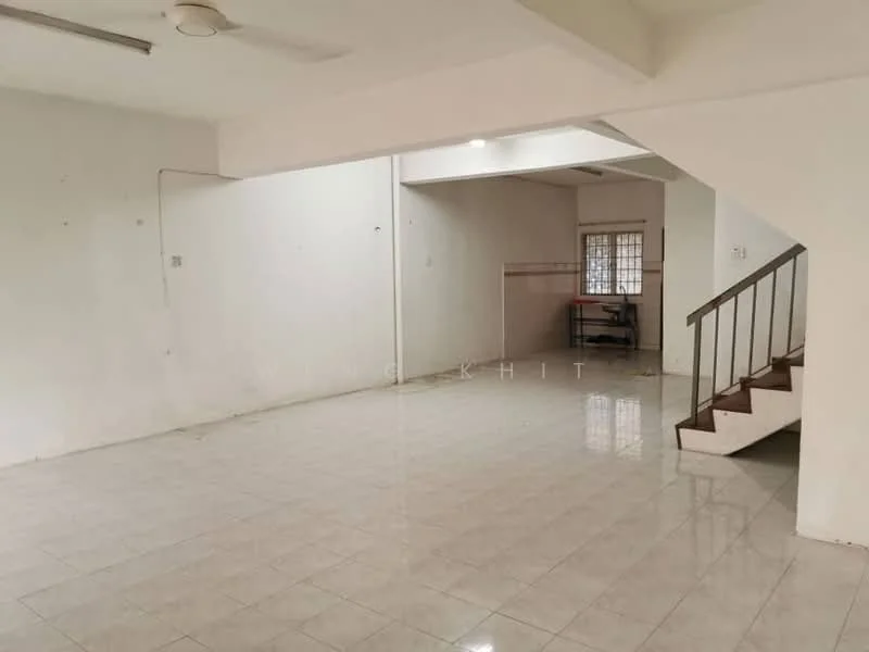 Room features: white painted walls, glossy ceramic tile flooring, ceiling fan, staircase with wooden steps, large windows, open layout, natural light, neutral color scheme; style: modern.
