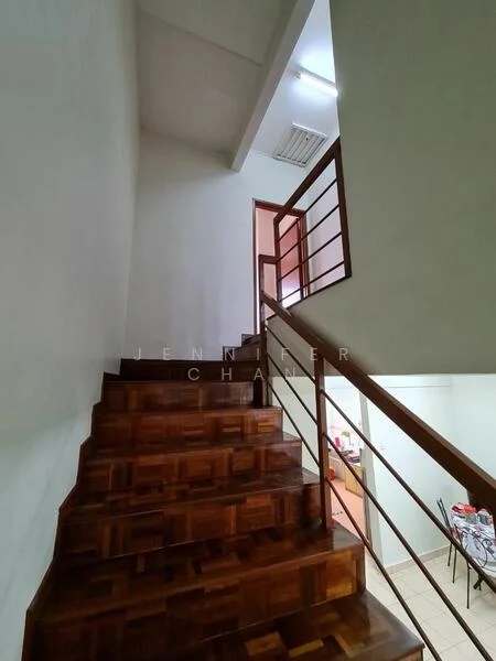 Room features: wooden staircase with parquet flooring, white painted walls, ceiling light fixture, handrail, tile flooring at the base of the stairs; style: modern.