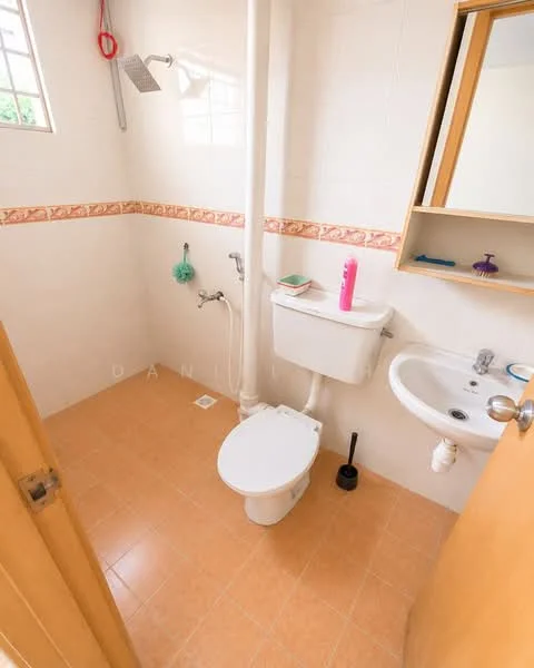 Bathroom features: white tiled walls, light brown tiled flooring, one-piece toilet, sink with chrome basin mixer, shower with wall-mounted faucet, shower head, mirror above sink, toilet brush holder, shelf above sink, window for natural light.