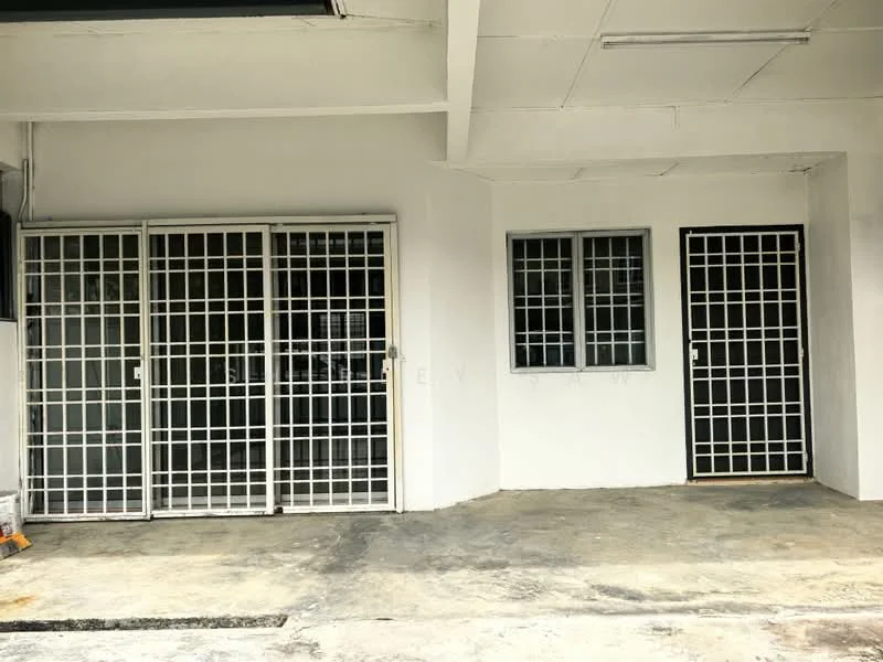 Exterior features: white painted facade, security grilles on windows and doors, concrete flooring, single-storey structure, two sets of sliding doors, one standard door, grey concrete surface, minimalist design; style: modern.