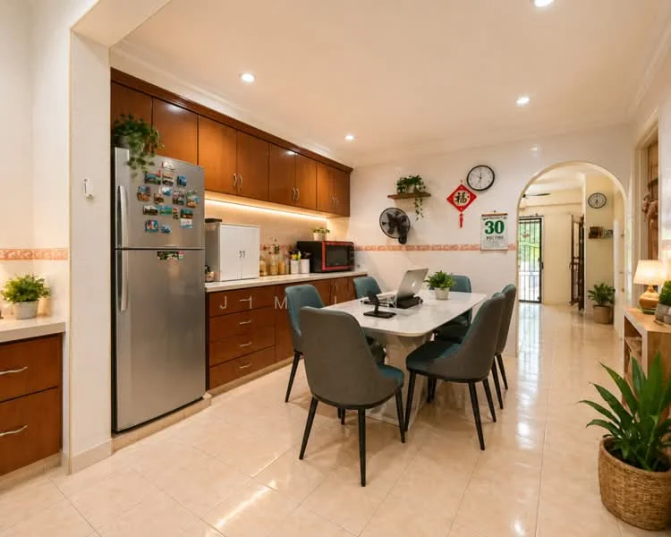 Kitchen features: brown wooden cabinetry, white tiled backsplash, grey dining table with 8 chairs, stainless-steel fridge, built-in microwave, ceramic tile flooring, recessed ceiling lights, wall-mounted fans, decorative plants, open layout, doorway leading to hallway; style: modern.