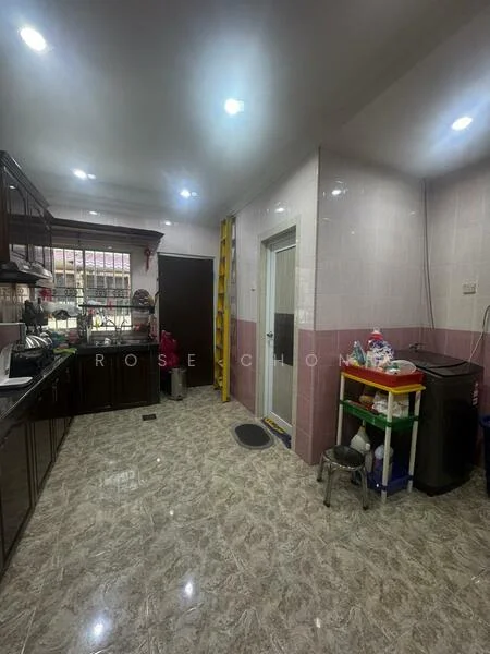 Kitchen features: dark wood cabinetry, black countertop, stainless-steel sink, chrome pull-down faucet, built-in oven, freestanding range oven, microwave, ceramic tile flooring, recessed LED downlights, window with sheer curtains, tile backsplash, open shelving, plastic storage cart, ladder against wall; style: modern.