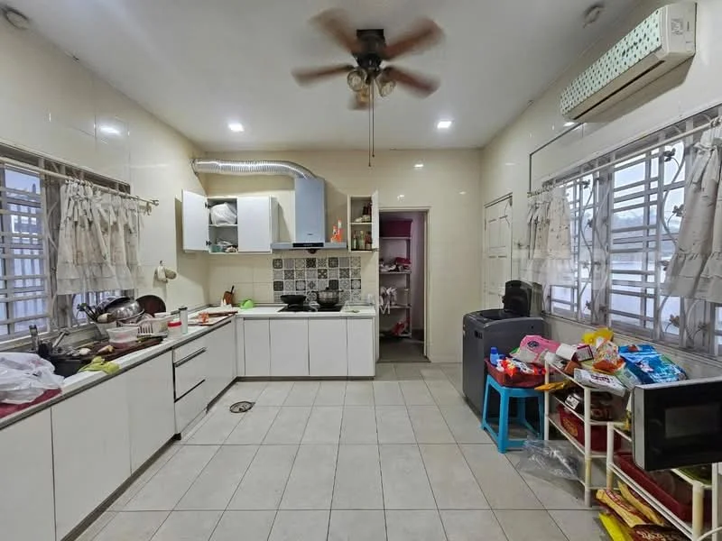 Kitchen features: white cabinetry, grey countertop, stainless-steel sink, chrome pull-down faucet, built-in oven, freestanding range oven, exhaust hood, ceramic tile flooring, recessed LED downlights, 5-blade ceiling fan, window with sheer curtains, open shelving, wall-mounted split AC; style: modern.