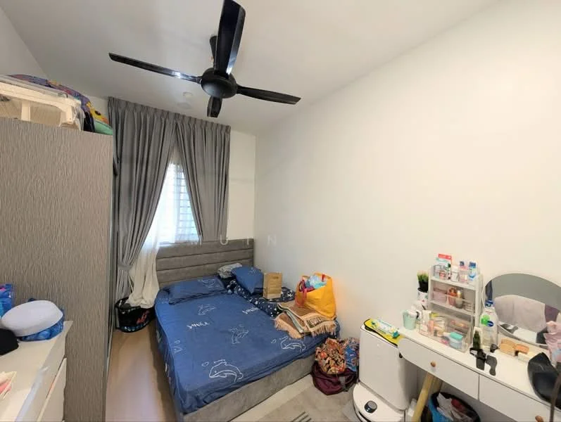 Bedroom features: queen-size bed with grey upholstered headboard, grey bedding, 2 bedside tables, white dresser, ceiling fan with 3 blades, curtains in light grey, wooden flooring, wall-mounted mirror, plastic storage containers, decorative items on dresser; style: modern.