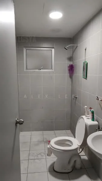 Bathroom features: grey tiled walls, white tiled flooring, shower with wall-mounted faucet, toilet, small window, mirror, toiletries on shelf, shower curtain, light fixture, towel rack; style: modern.
