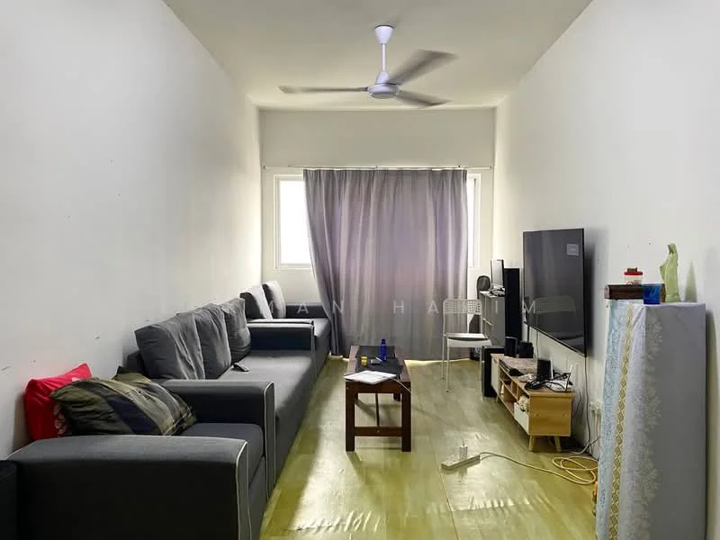Living features: 3-seater fabric sofa in grey, 2-seater fabric sofa in grey, wooden coffee table, TV console, wall-mounted TV, ceiling fan, curtains, light-coloured flooring, decorative items on console.
