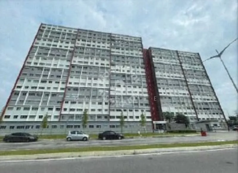 Exterior type: mid-rise condominium; features: grey and white painted facade, red accent panels, multiple balconies, large windows, approximately 6-storey high-rise, surrounded by landscaped greenery, parking area visible in front, urban context with road access; style: modern.