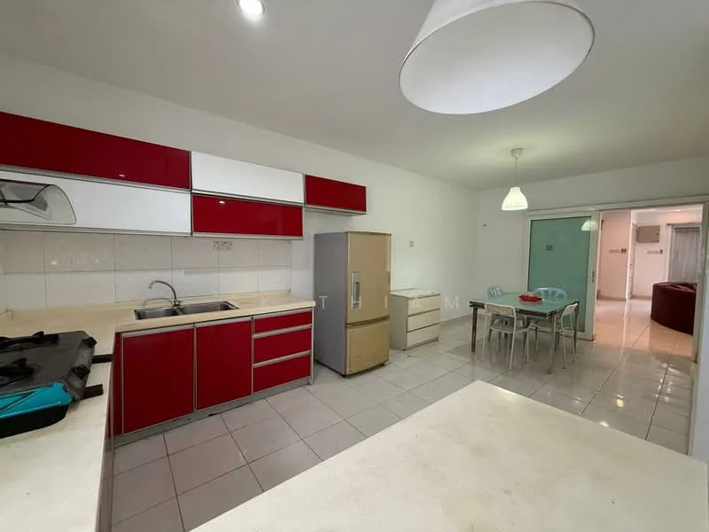 Kitchen features: red and white cabinetry, stainless-steel sink, chrome pull-down faucet, built-in oven, freestanding fridge, ceramic tile flooring, white tiled backsplash, countertop with overhang, recessed downlights, pendant light, open layout to dining area; style: modern. Dining features: 4-seater dining table, plastic dining chairs, pendant lighting, open layout to kitchen; style: modern.