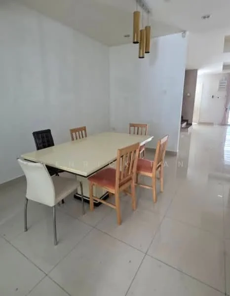 Dining features: rectangular dining table with white top, 6 dining chairs in various colors, pendant light fixture, white painted walls, glossy tile flooring, open layout to adjacent living area, natural light from nearby windows; style: modern.