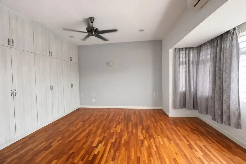 Bedroom features: wooden flooring, light grey painted walls, built-in wardrobes with white finish, 5-blade ceiling fan, large window with sheer curtains, natural light, neutral color scheme; style: modern.