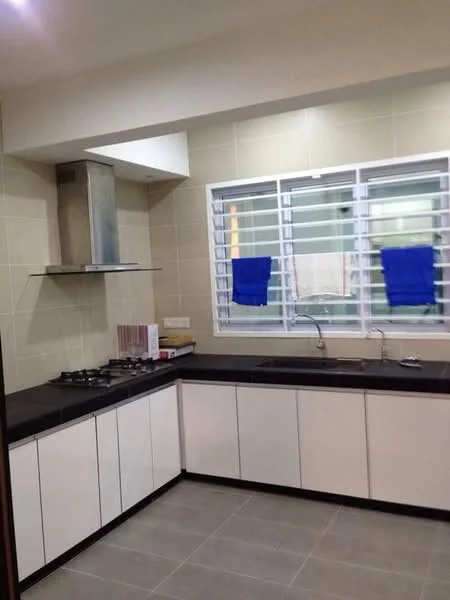Kitchen features: black countertop, white cabinetry, stainless-steel range hood, 4-burner gas hob, double-bowl stainless-steel sink, chrome pull-down faucet, tile backsplash, grey tile flooring, window with security bars, two blue towels hanging; style: modern.