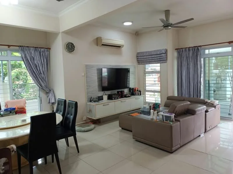 Living features: 3-seater fabric sofa in beige, coffee table, wall-mounted TV, TV console with storage, floor-to-ceiling windows, sheer curtains, recessed downlights, ceiling fan, white painted walls, glossy tile flooring; style: contemporary; view: garden. Dining features: round dining table, 4 black dining chairs, decorative wall clock, window with sheer curtains; style: contemporary; view: garden.