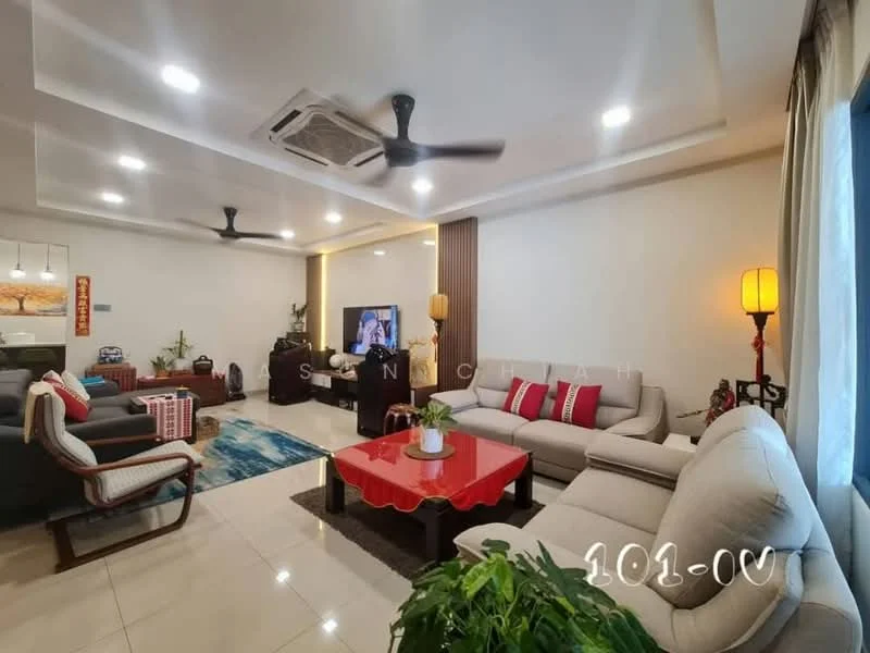Living features: cream painted walls, white ceiling with recessed lighting, 5-blade ceiling fan with light, large windows with sheer curtains, light-colored sofa with cushions, 2-seater fabric sofa in grey, red coffee table with scalloped edges, area rug with geometric pattern, TV console with wall-mounted TV, decorative plants in ceramic pots, wall-mounted artwork, wooden accent wall; style: modern.