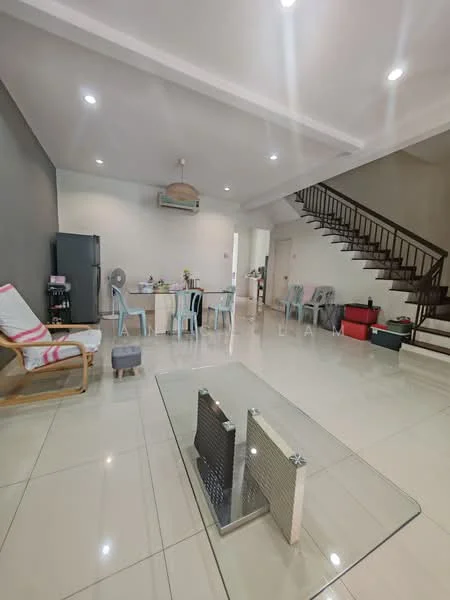Living features: white painted walls, recessed downlights, polished ceramic tile flooring, 5-blade ceiling fan, glass coffee table, sofa with white cushion, dining table with chairs, fridge, staircase with wooden railing; style: modern.