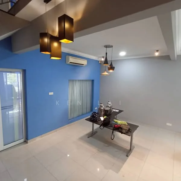 Living features: blue accent wall, light grey wall, white ceiling, recessed downlights, 3 pendant lights, 1 wall-mounted split AC, large window with sheer curtains, glossy tile flooring, glass door leading outside, metal dining table, decorative items on table; style: modern.