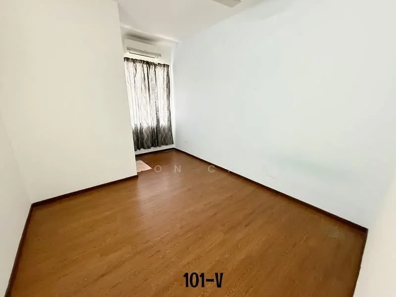 Room features: white painted walls, laminate flooring, floor-to-ceiling window with sheer curtains, 1 wall-mounted split AC, ceiling fan.