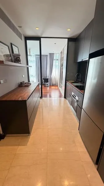 Kitchen features: dark cabinetry, wood countertop, stainless-steel refrigerator, built-in oven, 4-burner gas hob, stainless-steel sink, chrome pull-down faucet, ceramic tile flooring, recessed downlights, open shelving, floor-to-ceiling windows, curtains, dining area visible in background; style: modern.