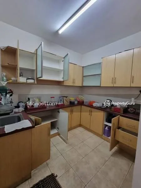 Kitchen features: laminate cabinetry in light wood, white countertop, single-bowl stainless-steel sink, chrome pull-down faucet, ceramic tile flooring, wall-mounted shelves, under-cabinet lighting, open shelving, built-in cabinets, various storage containers, kitchen appliances visible; style: modern.